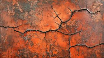 Aged surface with bold cracks forming an abstract pattern. Rust and dark tones create depth and texture. Visually compelling abstract art. photo