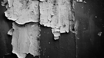 A black and white image showing the peeling of old paint on a weathered wall, creating a textured surface with visible signs of aging and decay. photo