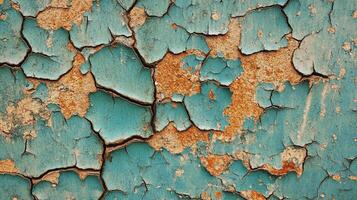Weathered teal paint with visible underlayer. Cracked and textured surface creating a unique aged design. Ideal for backgrounds and texture overlays. photo