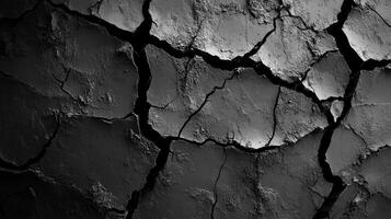 A textured surface in monochrome, featuring prominent cracks that create a stark contrast between light and shadow, and a distressed aesthetic. photo