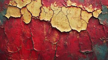Abstract image showing distressed paint, layering red and yellow with prominent cracking, creating textured, visually striking surface. photo