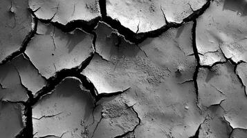 Cracked earth texture. Dry soil with intricate patterns created by drought in grayscale. Abstract background showcasing fragility of nature. photo
