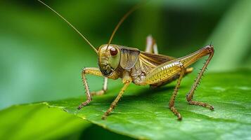 A close-up reveals a striking grasshopper poised on a verdant leaf, showcasing its intricate details in sharp focus against nature's backdrop. photo