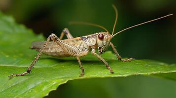 Close-up of a mottled grasshopper resting on a vibrant green leaf, showcasing its intricate patterns and textures in natural light. photo