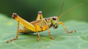 Close-up of a grasshopper on a green leaf, showcasing its intricate details and vibrant colors in a natural setting. photo