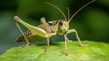 A vibrant green grasshopper perched on a leaf, showcasing its intricate details and blending harmoniously with nature's lush backdrop. photo
