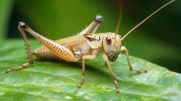 Detailed close-up of a tan-colored grasshopper resting on a vibrant green leaf, showcasing its intricate features and delicate structure. photo