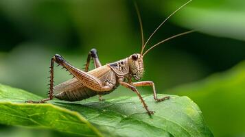 A close-up of a grasshopper resting on a vibrant green leaf, showcasing its intricate details and natural camouflage in the environment. photo