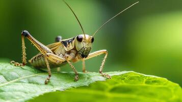 Detailed macro photo shows a grasshopper standing on green leaf, with a bright background creating a natural, vibrant setting.