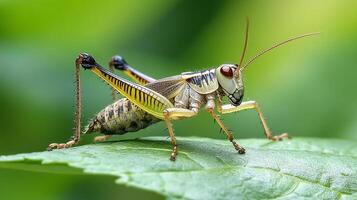 Grasshopper perched on a leaf against a vibrant green background. Macro shot capturing intricate details of the insect and foliage. photo