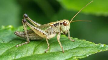 Close-up of a grasshopper perched on a leaf. Detailed view of insect's features and green foliage backdrop in a natural outdoor setting. photo