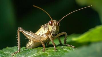 Close-up of a grasshopper perched on a vibrant green leaf, showcasing its intricate details and camouflage in a natural setting. photo