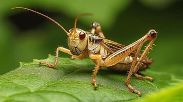 Close-up of a grasshopper perched on a vibrant green leaf, showcasing its intricate details and colors in a natural setting. photo