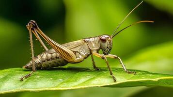 Detailed macro shot of a grasshopper sitting on a vibrant green leaf. Its intricate details are highlighted in sharp focus. photo