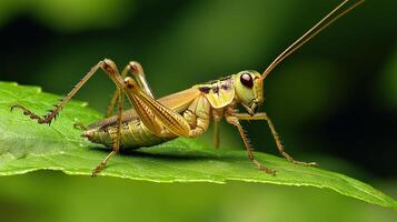 A grasshopper rests on a vibrant green leaf, showcasing intricate details and blending seamlessly with its natural environment. photo
