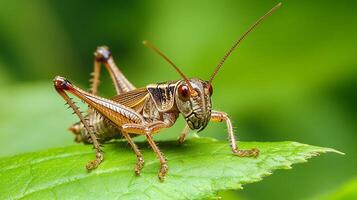Detailed macro shot of a grasshopper perched on a vibrant green leaf, showcasing intricate textures and patterns in its natural habitat. photo