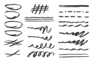 Charcoal pencil hand drawing curly lines splash, squiggles and shapes. Black elements on white background. Grunge chalk crayon scribbles doodles textures. Rough crayon strokes. illustration. vector