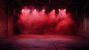 Dramatic empty stage filled with red fog and illuminated by stage lights, creating a captivating and mysterious atmosphere. photo