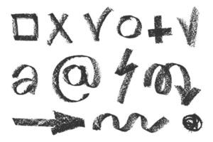 Charcoal pencil hand drawing check box with marks v, x, plus shapes. Black elements on white. Grunge chalk crayon scribbles doodles textures loading rectangle Rough crayon strokes illustration vector
