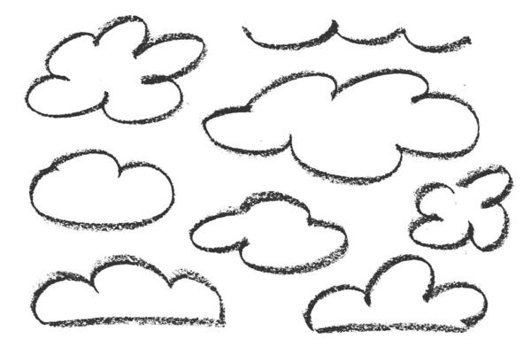 Set of crayon drawn clouds in kids style. Childish doodle naive icons isolated on white background. Cute line chalk drawn sketch symbols of sky. Rough pastel bg texture. illustration.