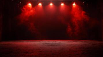 A dimly lit stage washed in a sea of crimson light, with smoke rising from a concrete floor, inviting a sense of drama and mystery. photo