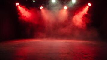 Stage bathed in vibrant red light with atmospheric fog, spotlights creating dramatic performance space, ready for a show or event photo