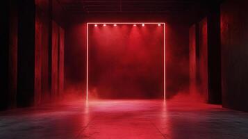 Illuminated stage with a red square light. The room is dark, and the lighting creates a dramatic and visually striking stage presence. photo