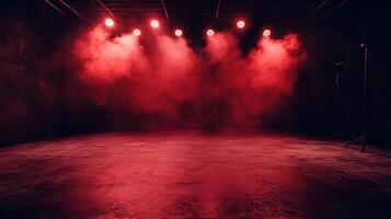 A studio stage bathed in dramatic red light and thick fog creates a mysterious and captivating scene for a performance or photo shoot.