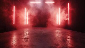 Eerie room with red lights and haze. A stark, empty stage sets a mysterious vibe. Great for abstract backgrounds or scene setting visuals. photo