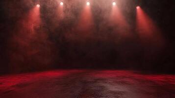 An abstract, atmospheric scene with crimson lighting illuminating a stage-like area filled with haze and mist. photo