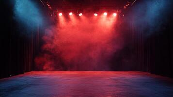 Empty stage with dramatic lighting, creating a vibrant atmosphere and highlighting the potential for performance and creative expression. photo