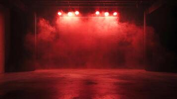 Dramatic stage bathed in intense red light and swirling smoke, creating a powerful and atmospheric visual effect. Awaiting the show. photo