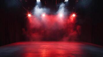 A theatrical stage bathed in vibrant red light and hazy fog, creating an atmosphere of drama, suspense, and anticipation, ready for performance. photo