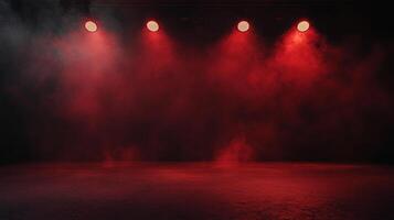 An atmospheric, red-lit stage bathed in dramatic lighting and smoky haze, evoking mystery and anticipation. The stage is set for performance. photo