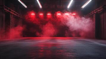 Dramatic stage bathed in a vibrant red light, filled with swirling smoke. A moody and captivating scene ready for performance or event. photo