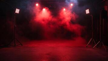 Illuminated stage with intense red lighting and haze creating a dramatic atmosphere. Modern lights and tripods frame the scene. photo
