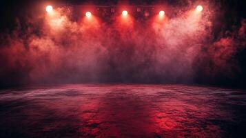 Illuminated stage with vibrant red lighting and atmospheric smoke, perfect for performances or dramatic presentations. photo