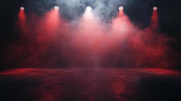 A stage filled with fog is illuminated by bright stage lights shining a red glow onto the smooth stage floor and creating a moody atmosphere. photo
