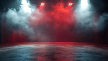 Dramatic scene with atmospheric mist, illuminated by red and white stage lights, creating a dynamic visual effect and highlighting the space. photo