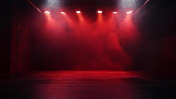 Dramatic stage bathed in intense red light and smoky haze, perfect for performance or theatrical production. Abstract background with depth. photo