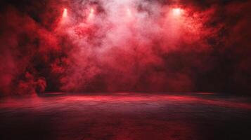 A dramatic scene unfolds with vivid red lighting illuminating smoke-filled space, casting an ethereal glow over the surface below. photo