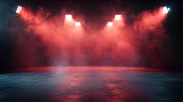 Illuminated stage with lights and smoke effect. Great ambiance with dark background for potential performance or event setting. photo