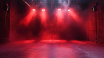 A stage illuminated with deep red lighting, shrouded in smoke, creating an intense atmospheric effect with a vivid, theatrical ambiance. photo