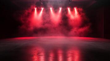 Empty stage bathed in bright red lights and filled with smoke. Perfect for a performance or presentation. Dramatic and atmospheric. photo