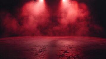 Dramatic stage illuminated with two bright spotlights casting red fog over a dark, glossy floor, creating an intense, theatrical atmosphere. photo