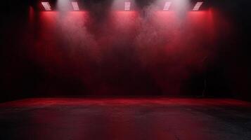 An empty dark stage illuminated by bright, red spotlights and shrouded in smoke, creating a dramatic and atmospheric setting. photo