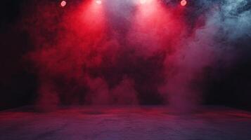 A stage bathed in red light and filled with smoke, creating a dramatic atmosphere for a performance, show, or event. photo