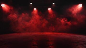 A dramatic stage with red smoky atmosphere and bright spotlight, creating a mysterious and intense theatrical mood. photo