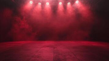 An eerie scene with vibrant red stage lights illuminating a smoke-filled room, casting shadows across the floor and creating a dramatic atmosphere. photo