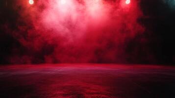 A stage bathed in red light and swirling fog, creating a dramatic atmosphere. Perfect for performance or abstract photography. photo